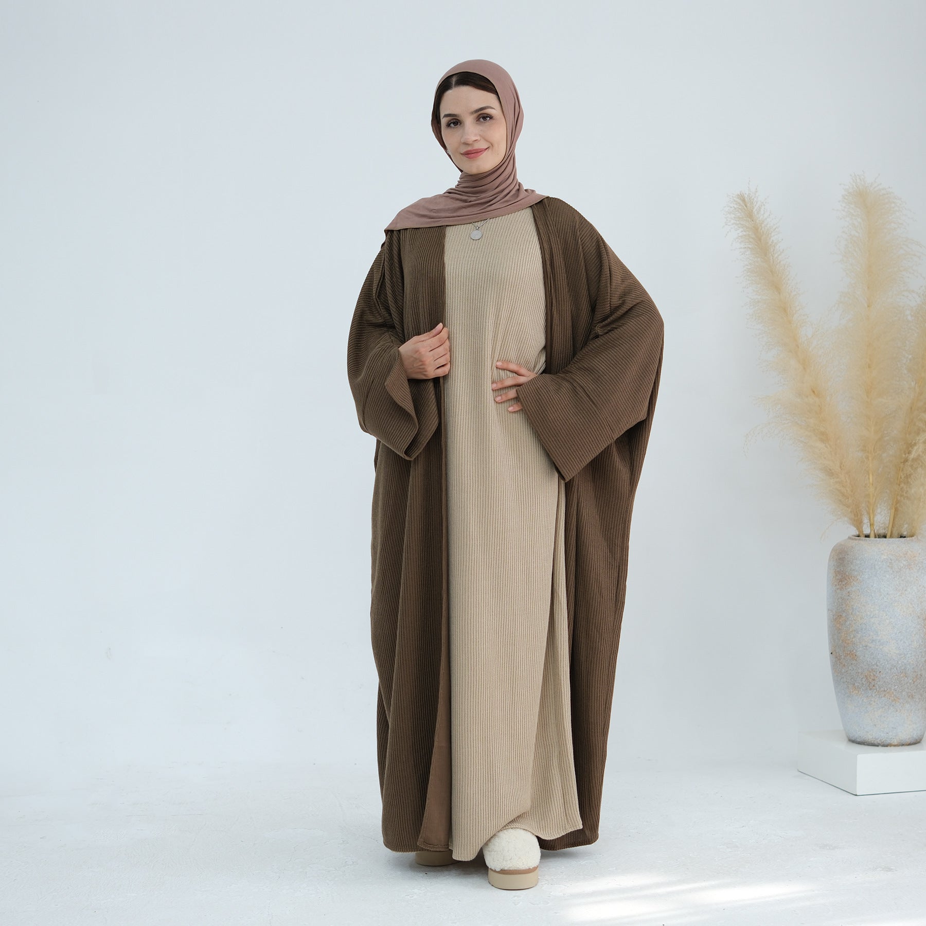 1911#Thick Knitted Winter Fall Cardigan Open Abaya Dress islamic Clothing Plus Size Abaya