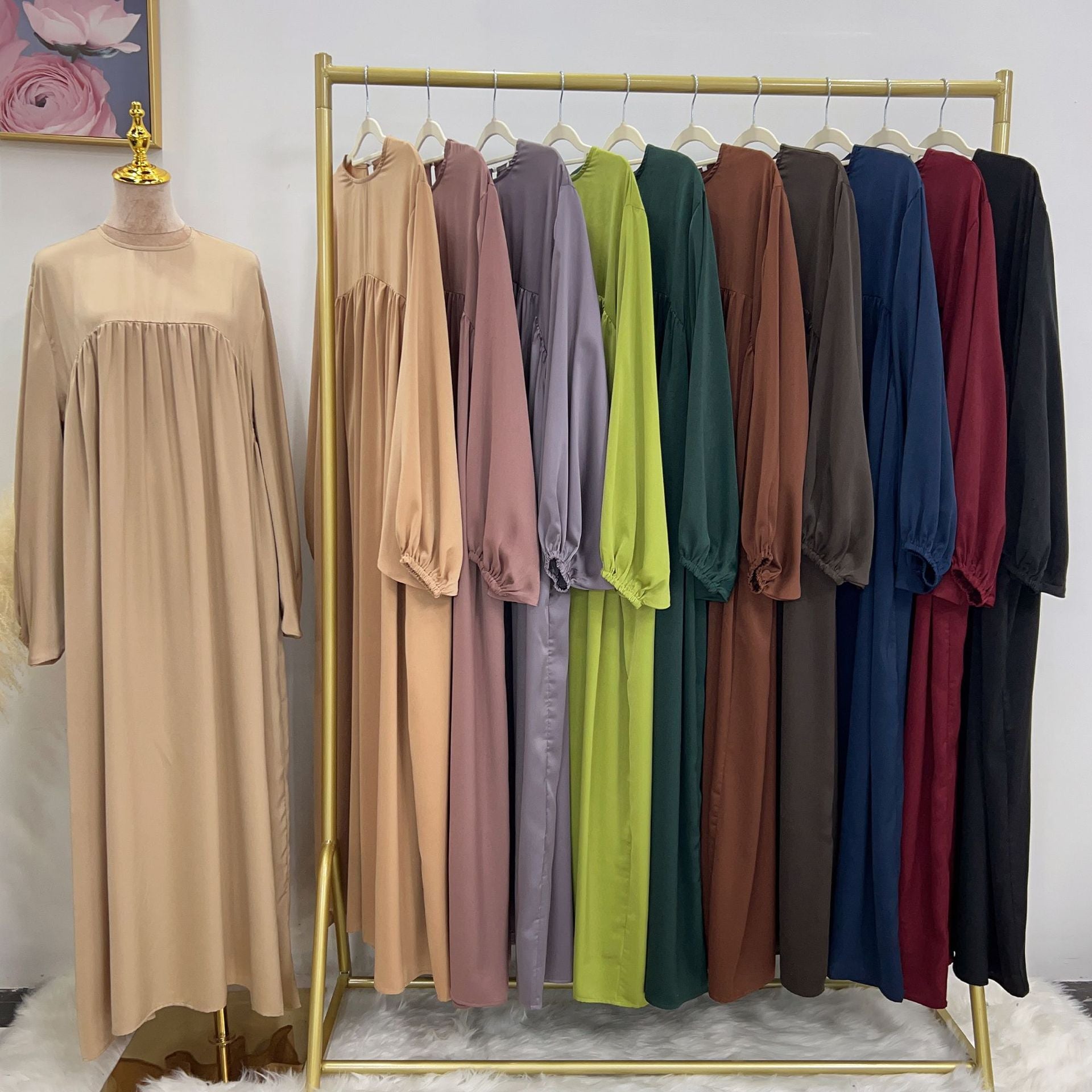 1592#High Quality Muslim Dress Puff Sleeve Soft Satin Plain Abaya