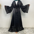 1432#Flowy Shiny Silk Material New Design Two Layers Loose Sleeves Classy Fashion Popular Ladies Islamic Open Abaya