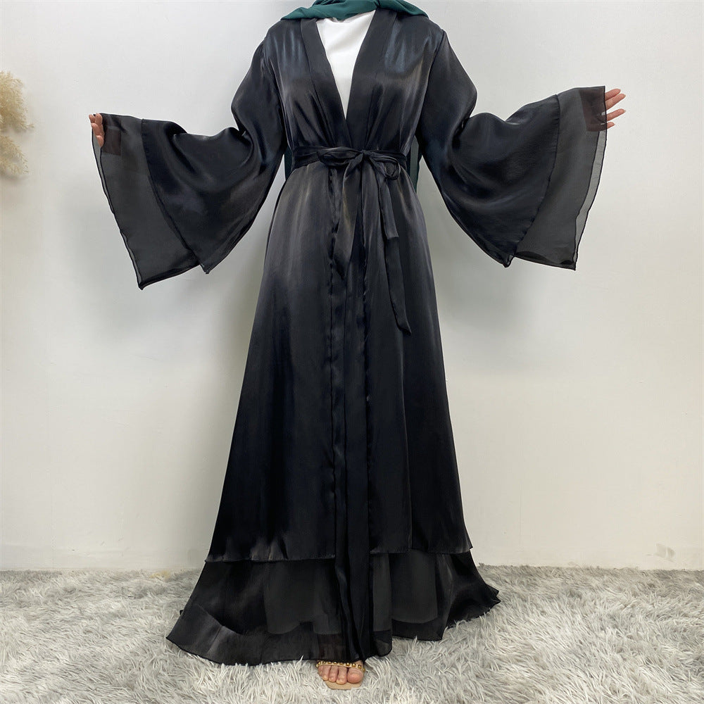1432#Flowy Shiny Silk Material New Design Two Layers Loose Sleeves Classy Fashion Popular Ladies Islamic Open Abaya