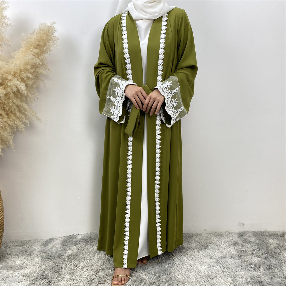 1405#Latest Eid Nida Material Flower Lace Border Classy Embroidery Women Open Abaya