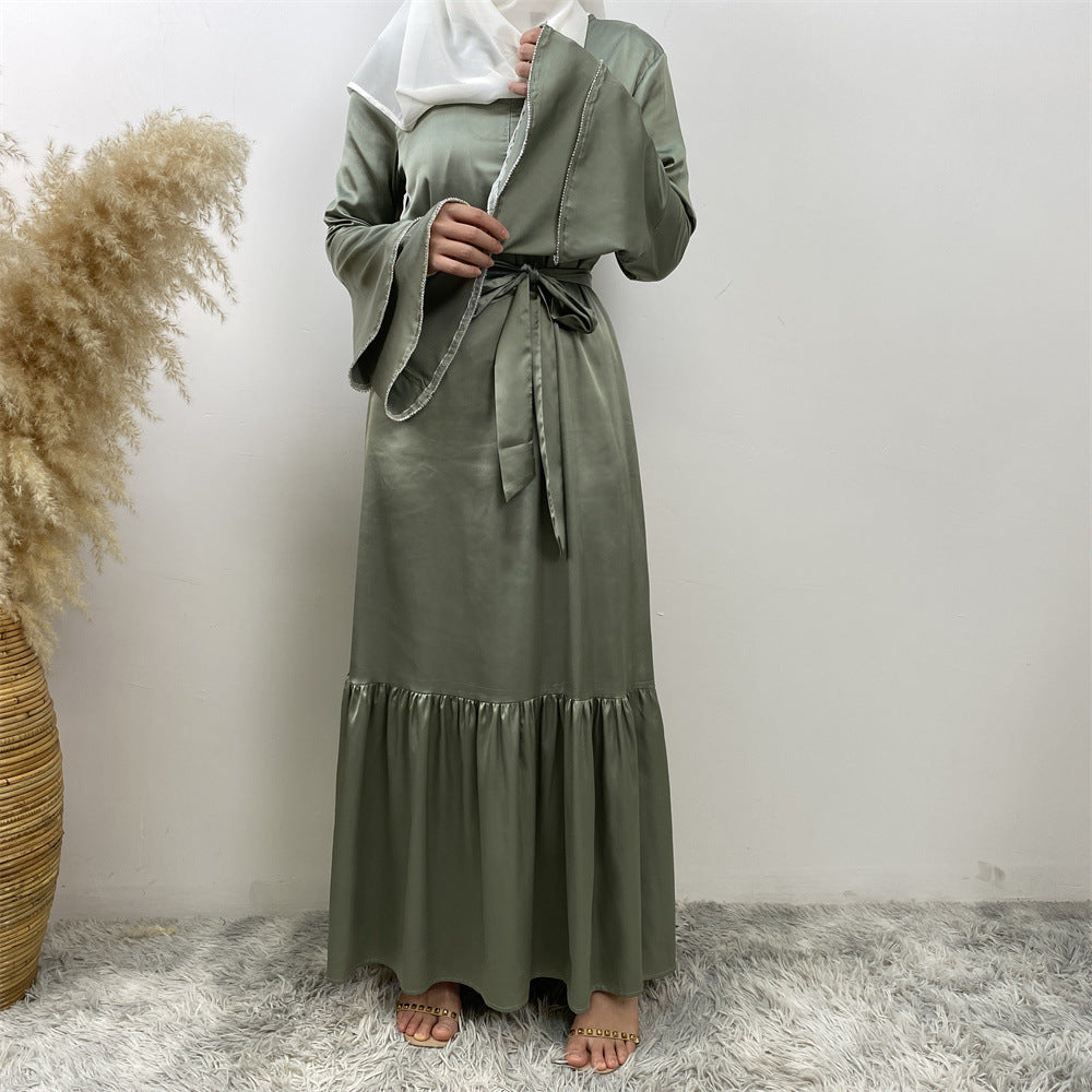 6789# New Front Zipper Two Layers With Sparkle Diamond Sleeves With Pockets Muslim Women Dress
