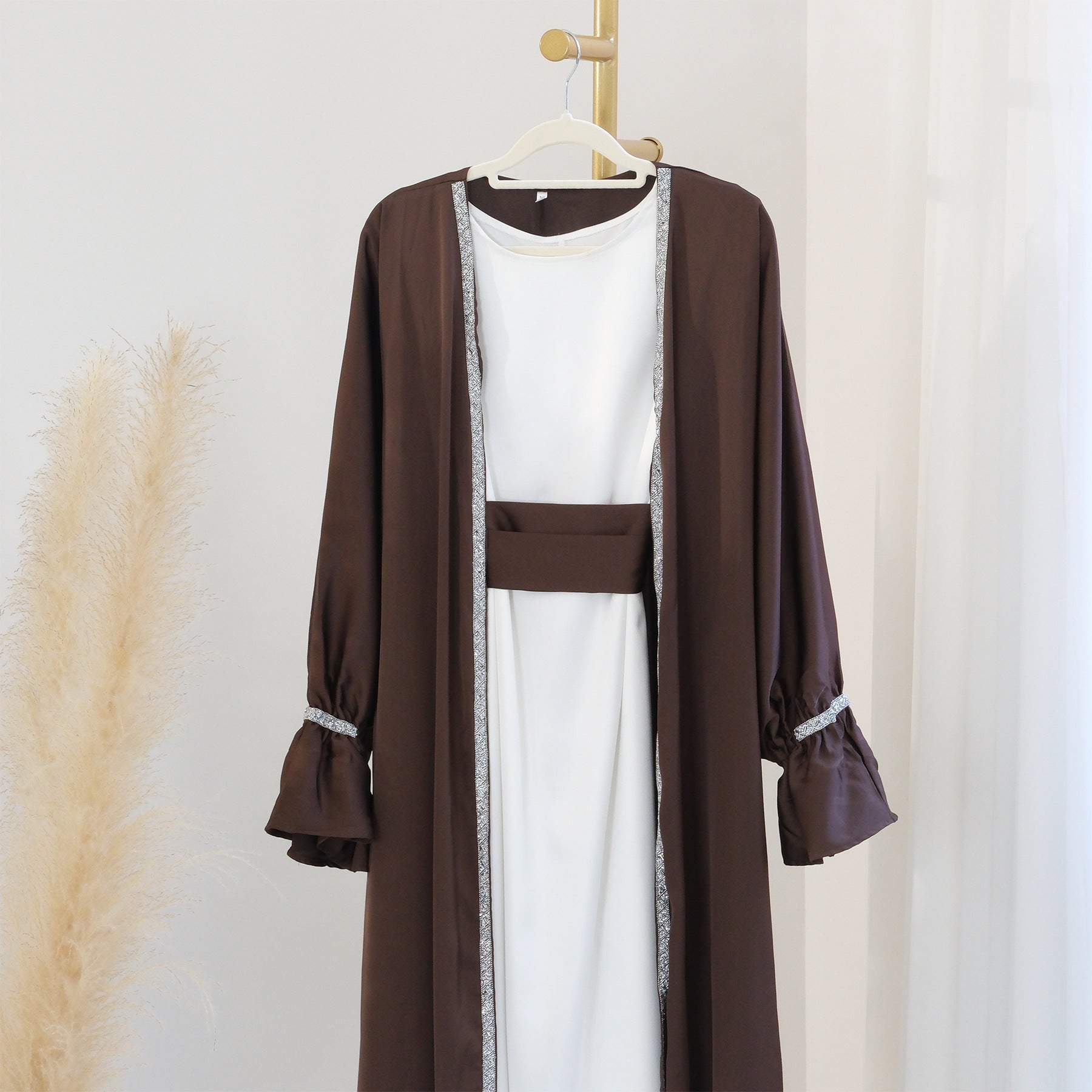 1633#New Design Modest Dubai Muslim Dress Satin Women Open Abaya 2pc set