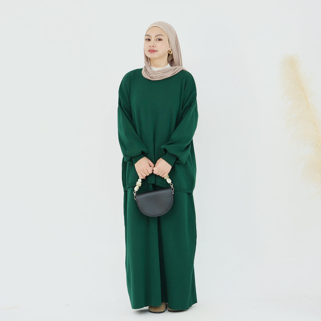 1928#Knit Fabric Solid Color Women's Dress Islamic Clothing Sweater Skirt Set 2pcs Winter Set Abaya