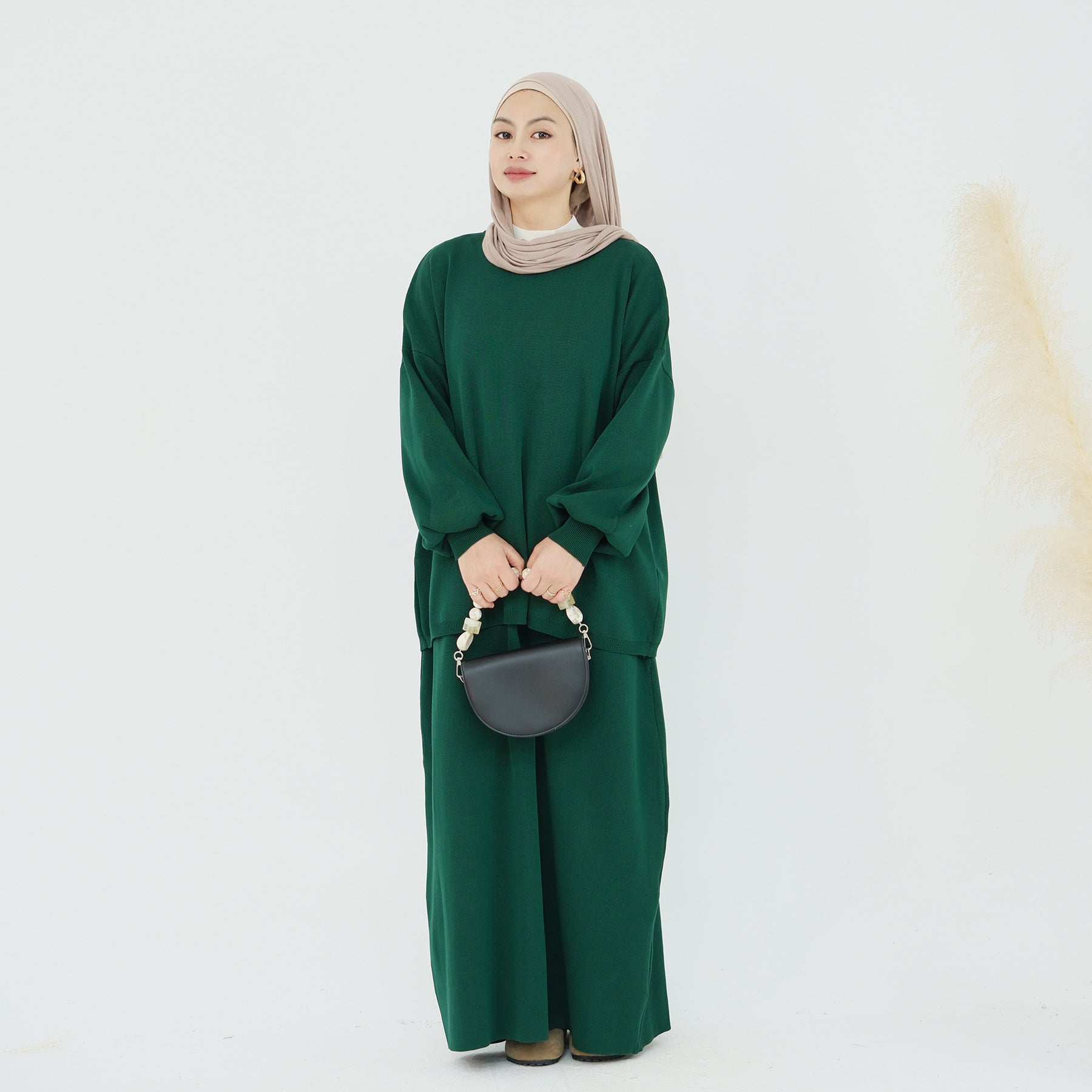 1928#Knit Fabric Solid Color Women's Dress Islamic Clothing Sweater Skirt Set 2pcs Winter Set Abaya