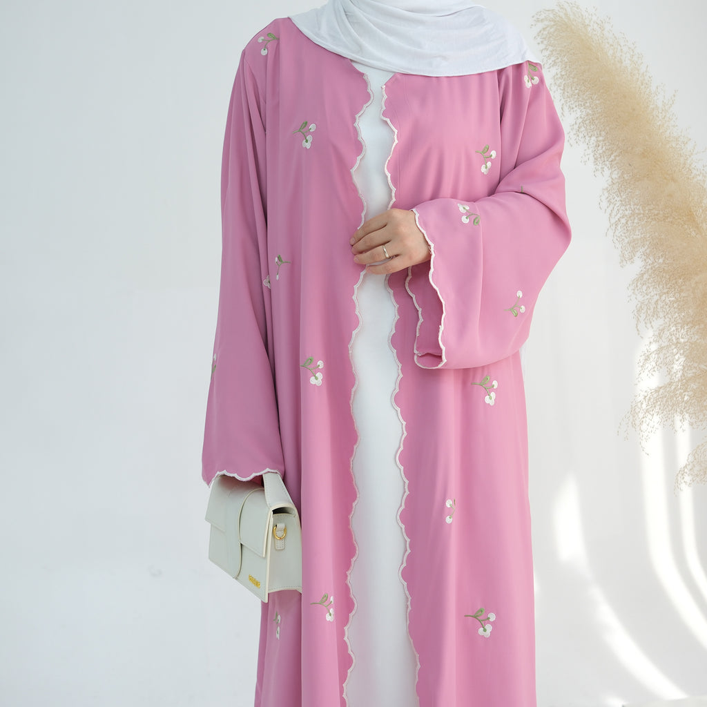 1881#Nida All Over Flower Embroidery Cardigan Modest Open Abaya Women Muslim Dress