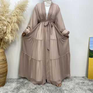 1964#Chiffon open abaya with white pearls tie belt long sleeves dubai abayas 5 colors