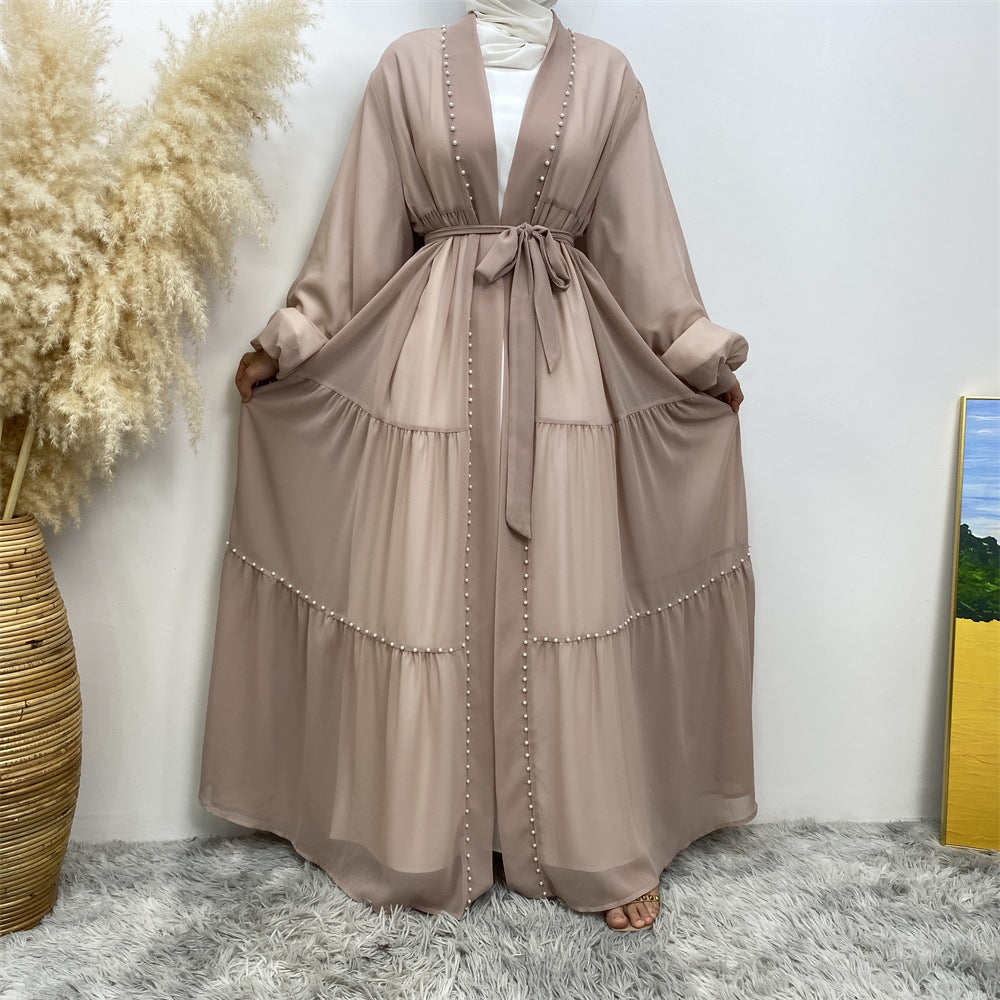 1964#Chiffon open abaya with white pearls tie belt long sleeves dubai abayas 5 colors