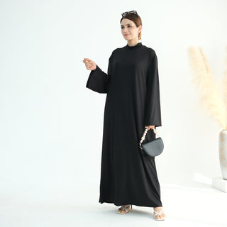 1905#High Neck Simple Daily Wear Plain Modest Abaya Women Muslim Dress Long Sleeve Slip Dress