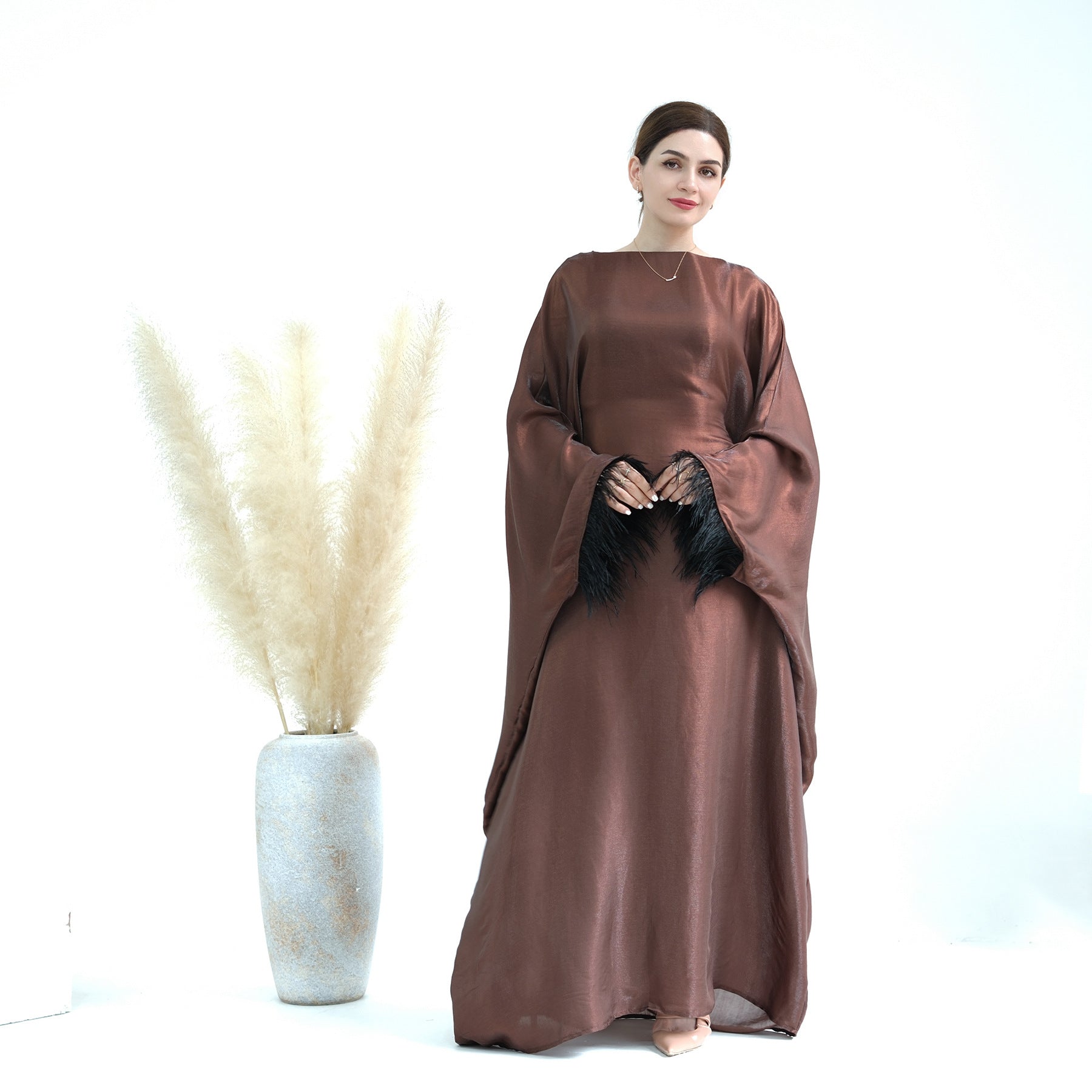 1648#Feather Closed Abayas Women Muslim Dress Turkey Dubai Abaya Modest Dress