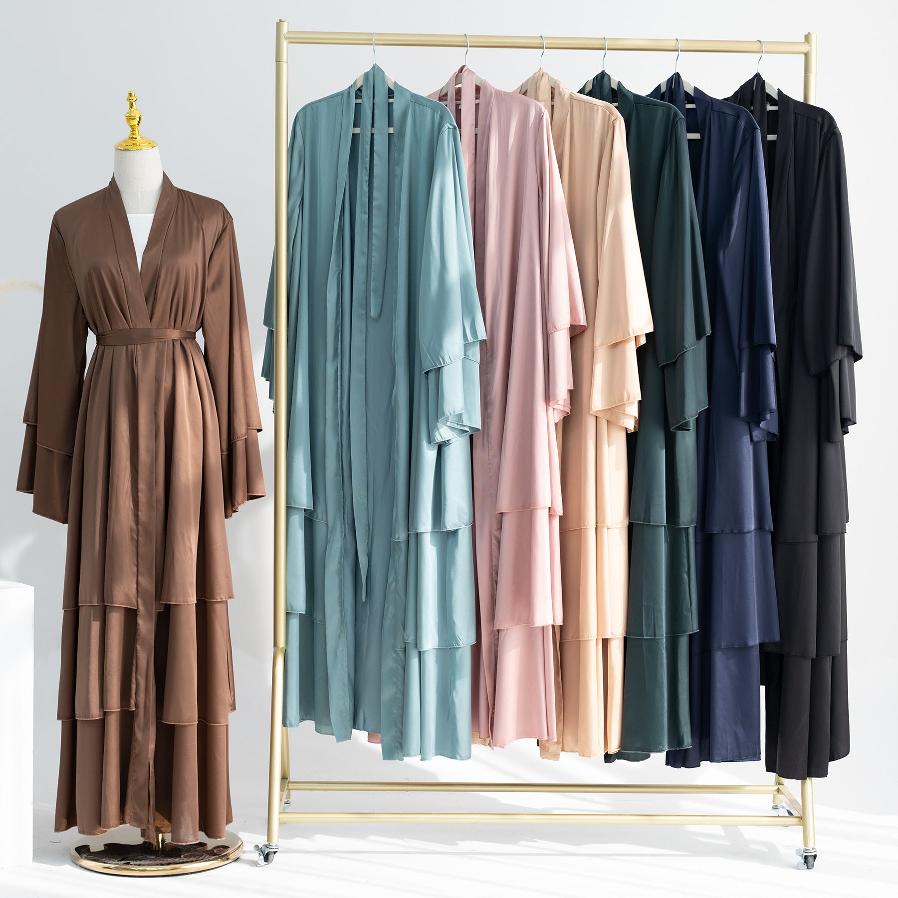 1706#2024 High Quality Satin Silk Open Abaya EID Dubai 3 Layers Abaya Islamic Clothing