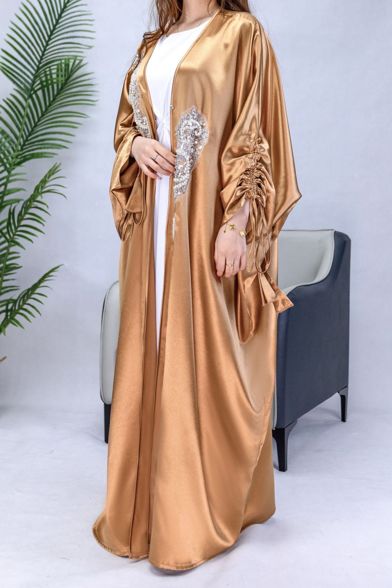 1009#  New Arrival Stylish Islamic Clothing Dubai Abaya Fashion Cardigan Women Satin Abaya