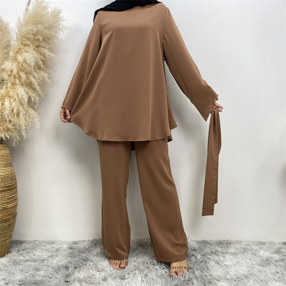 2272# Solid color popular office sets long sleeve blouse loose wide leg pant 2 pieces sets