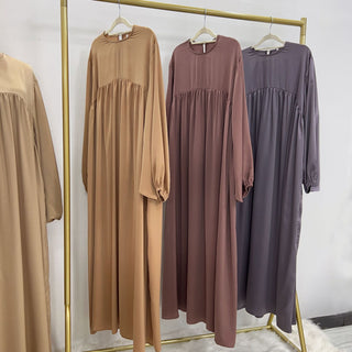 1592#High Quality Muslim Dress Puff Sleeve Soft Satin Plain Abaya