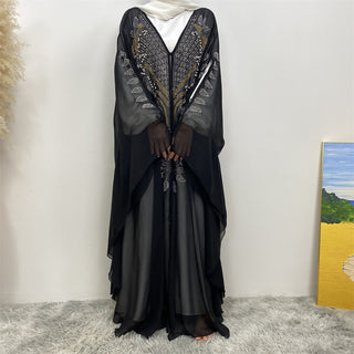 6743#Luxury New Rhinestone Chiffon Abaya Bead With Pearls Batwing Sleeves Classy Cardigan