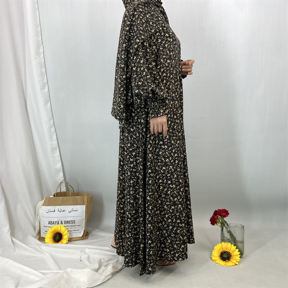 6847#Floral Printed One Piece Tradition Prayer Abaya Robe with Attached Hijab