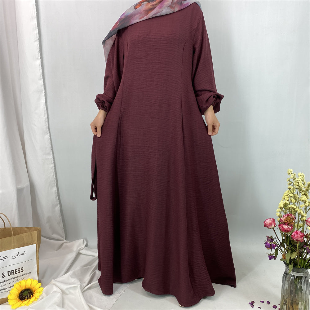 6840#New Linen Summer Abaya Dress Islamic Clothing for Dubai Turkish Muslim Women with Long Sleeve and Side Pockets