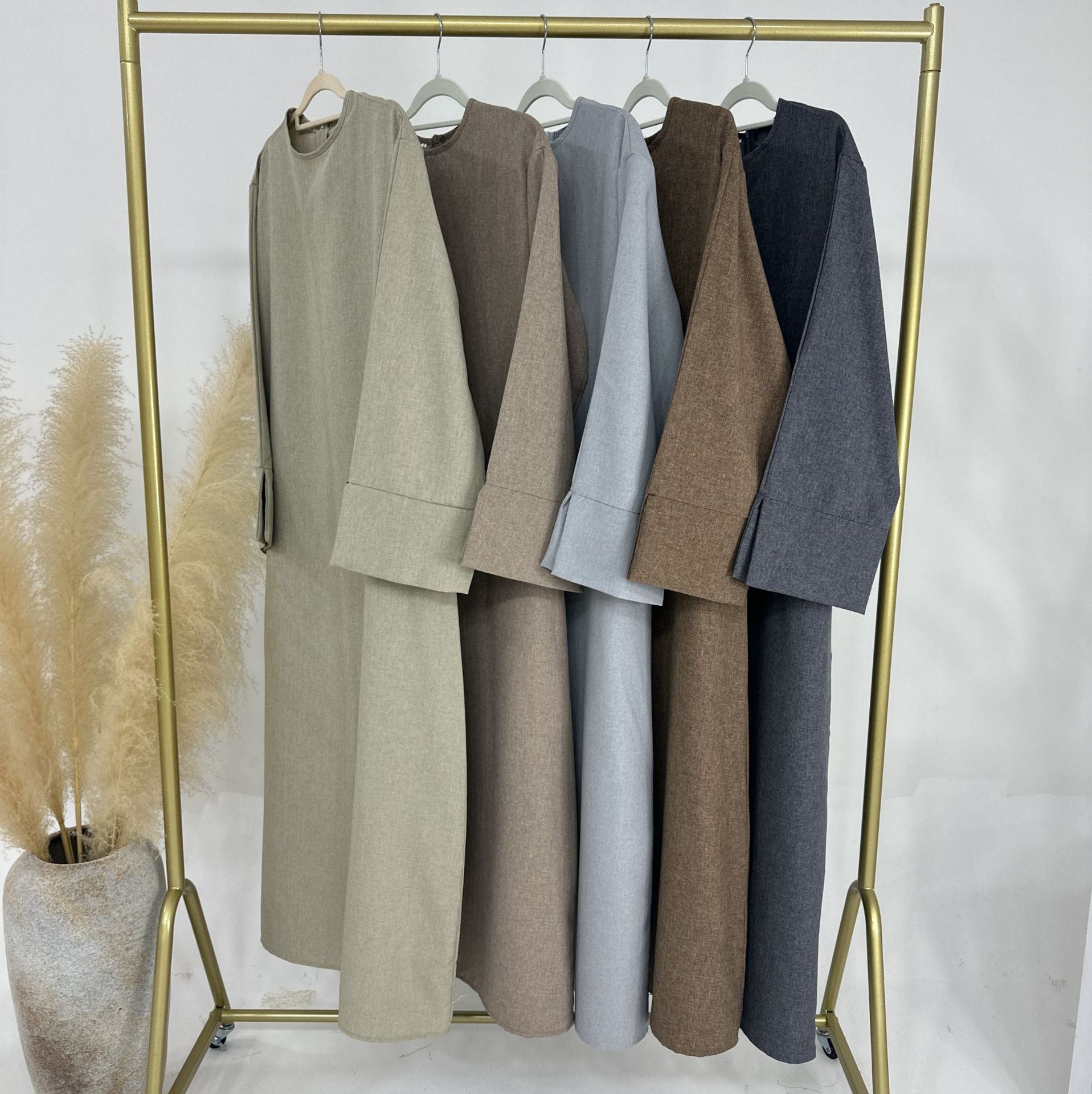 1715#Linen Abaya Slit Long Sleeves with Side Pockets and Back Zipper Women Casual Dress