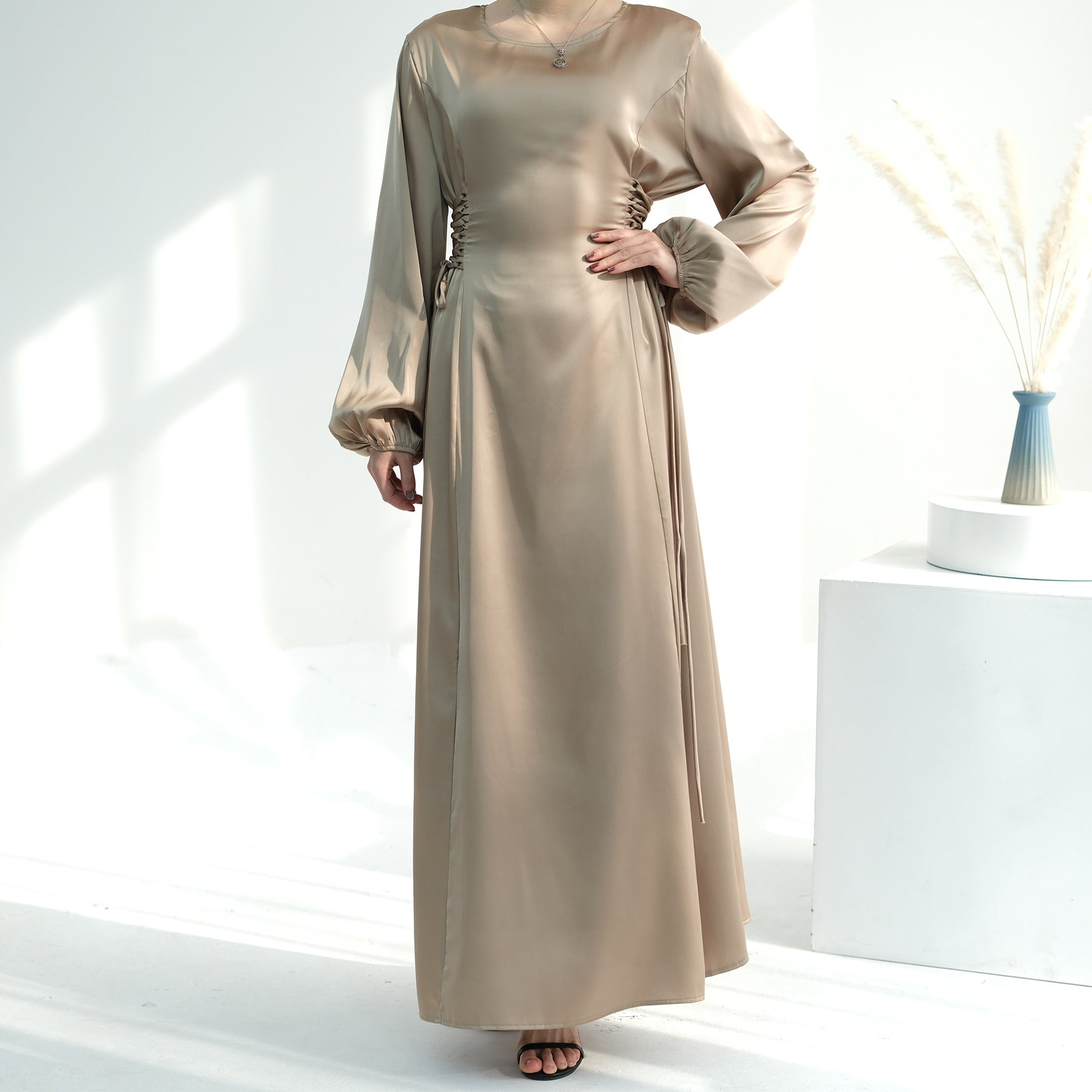 1702#2024 New Modest Dresses Satin Casual Dresses Abaya Women Muslim Dress Ramadan 的副本