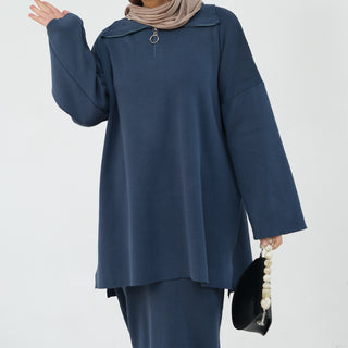 1929#Half Zipper Drop Shoulder Sweater Knit Muslim Women Two Pieces Set Oversized Tops Casual Fall Skirt Abaya Set