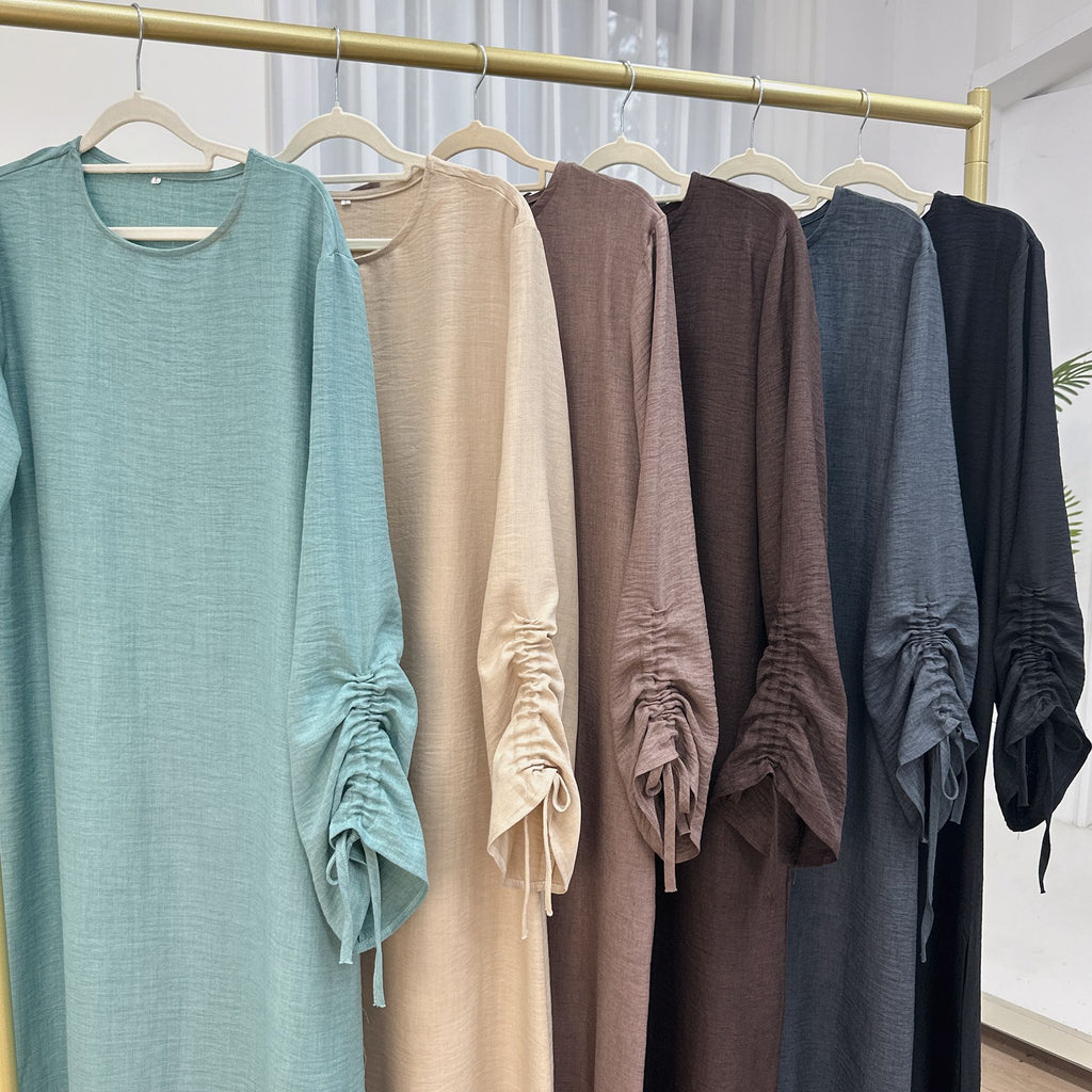 1833#Hot Selling Women Abaya Ruched Sleeve Long Dress Solid Color Breathable Closed Abaya Women Muslim Dress