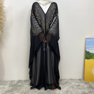 6743#Luxury New Rhinestone Chiffon Abaya Bead With Pearls Batwing Sleeves Classy Cardigan 的副本