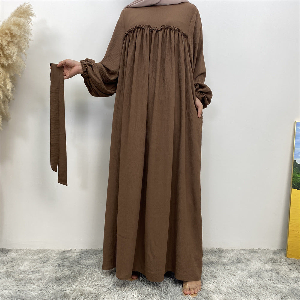 694#Big sleeves wrinkle crepe closed abaya maxi dresses with side pockets