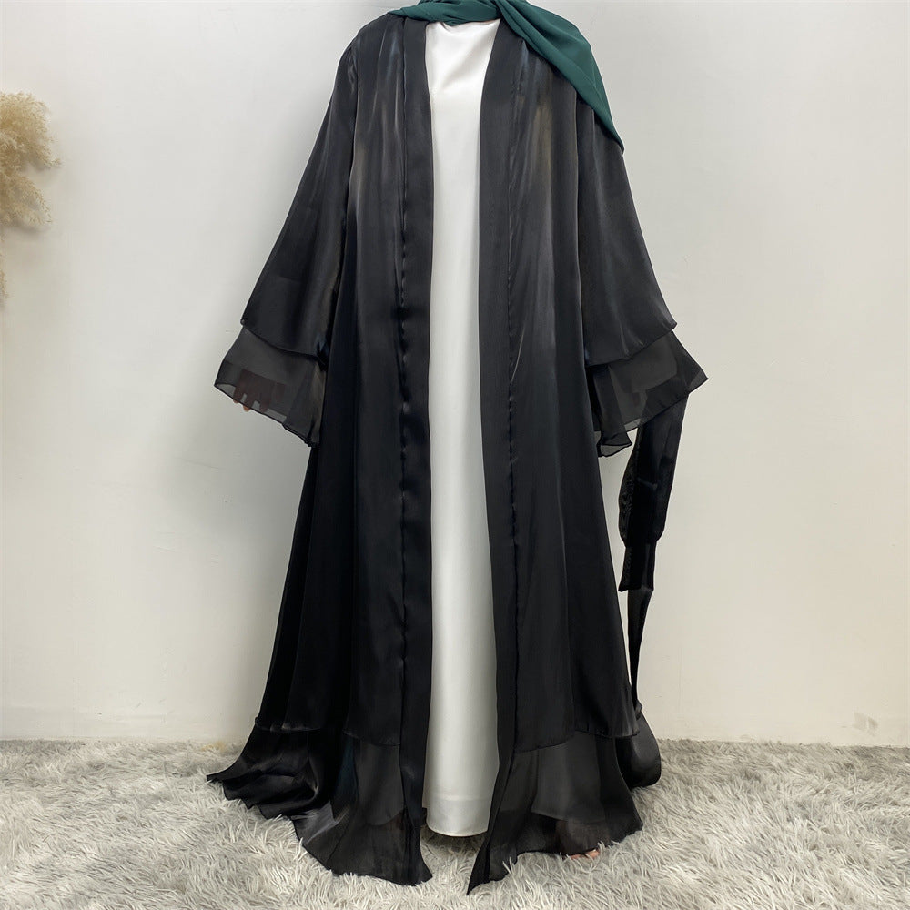 1432#Flowy Shiny Silk Material New Design Two Layers Loose Sleeves Classy Fashion Popular Ladies Islamic Open Abaya