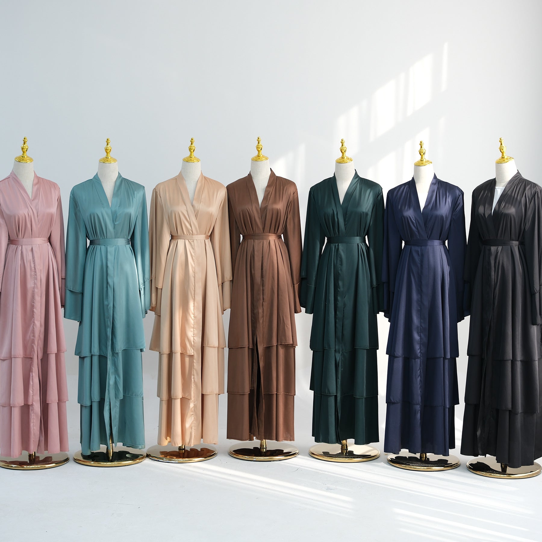 1706#2024 High Quality Satin Silk Open Abaya EID Dubai 3 Layers Abaya Islamic Clothing