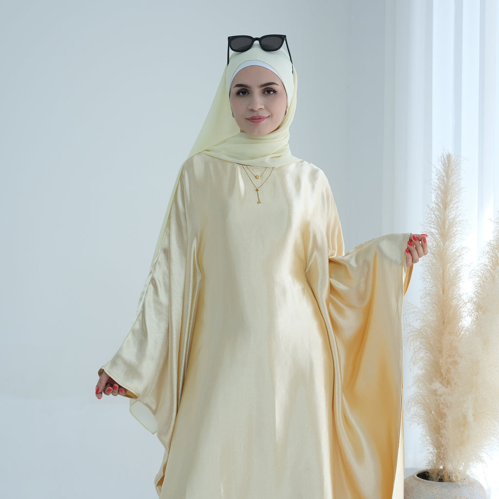 1774#Hot Selling Fashion Elegant Satin Dubai Kaftan Dresses with Tie Belt Butterfly Abaya