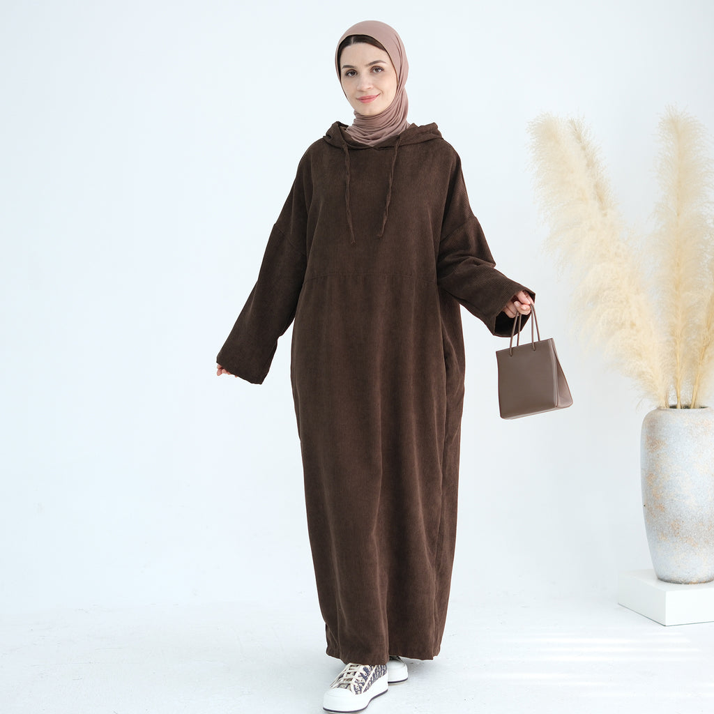 1890#Casual Cordury Hoodie Abaya Loose  Muslim Women Dress with Pockets Daily Wear Winter Abaya