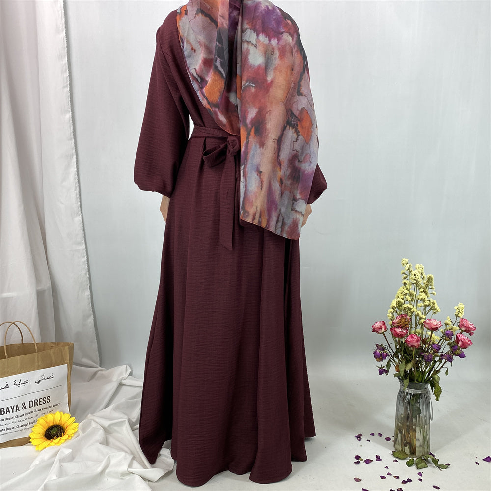 6840#New Linen Summer Abaya Dress Islamic Clothing for Dubai Turkish Muslim Women with Long Sleeve and Side Pockets