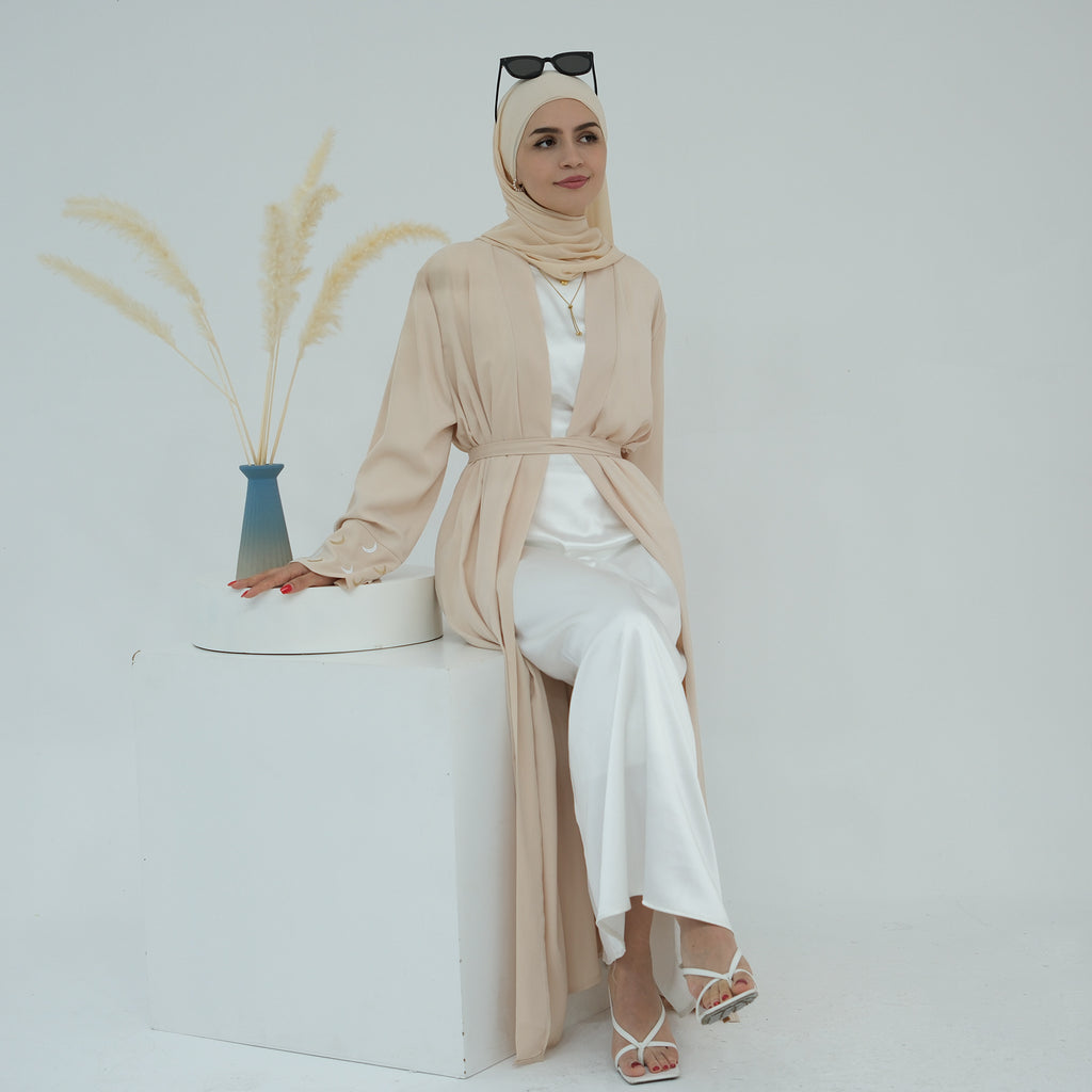 1785#New Arrival Cardigan Muslim Women's Dresses Moon Embroidery EID Linen Abaya