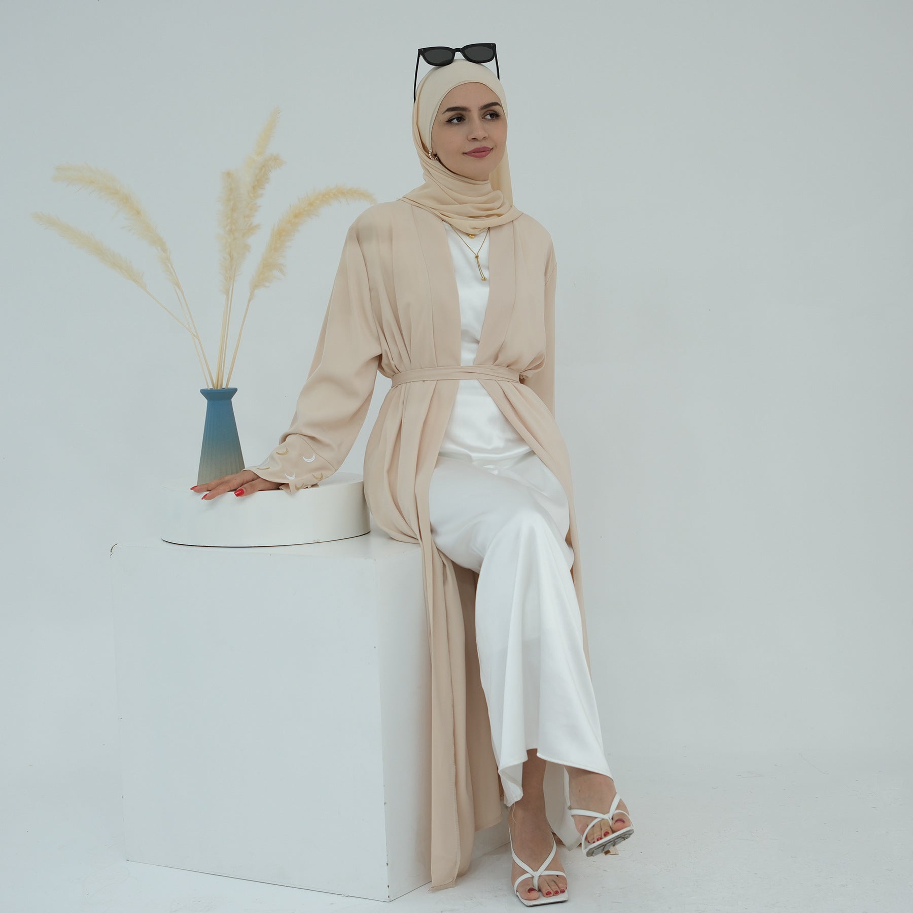 1785#New Arrival Cardigan Muslim Women's Dresses Moon Embroidery EID Linen Abaya