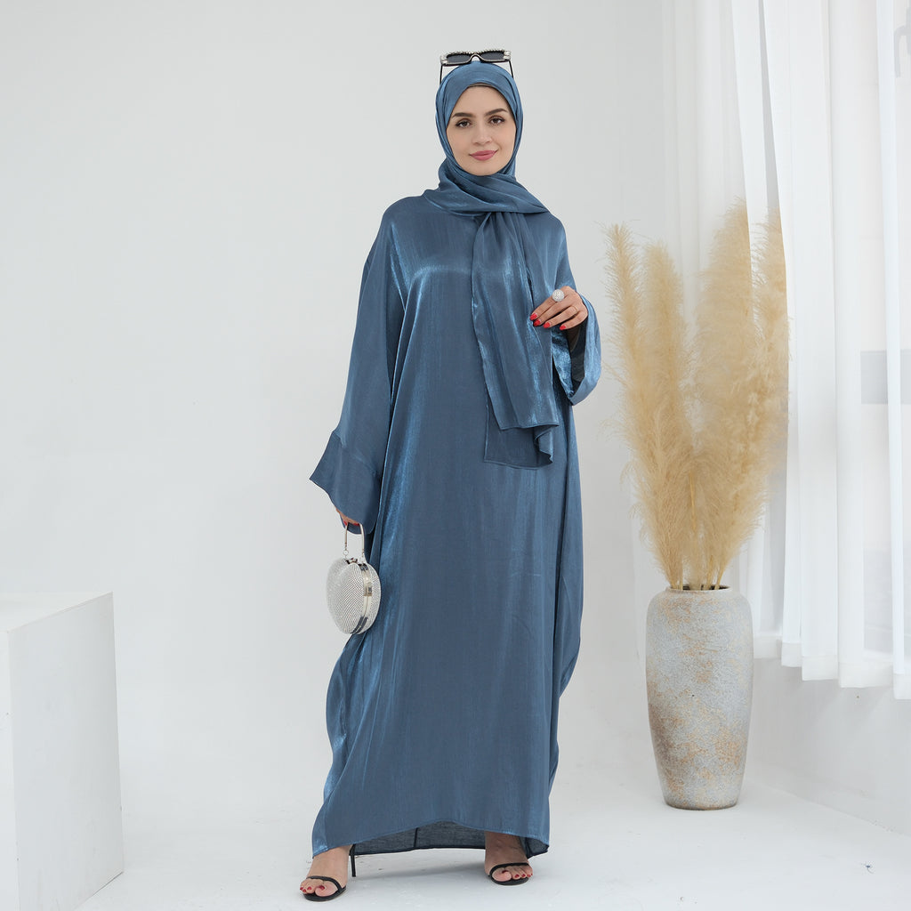 1789# 2024 New Shinny Polyester One Piece Hoodie Abaya Dubai Modest Dress with Attached Hijab