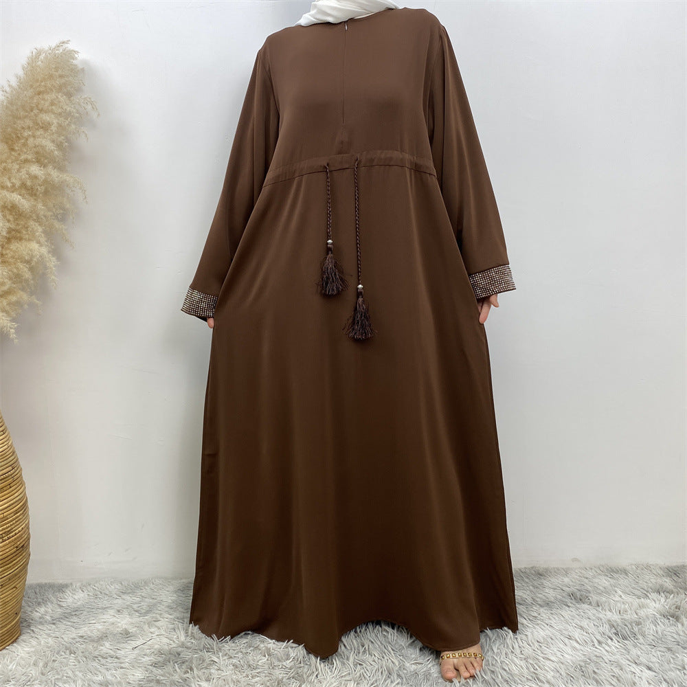 6758# Front zipper closed abaya dress loose cuff with rhinestone maxi dresses