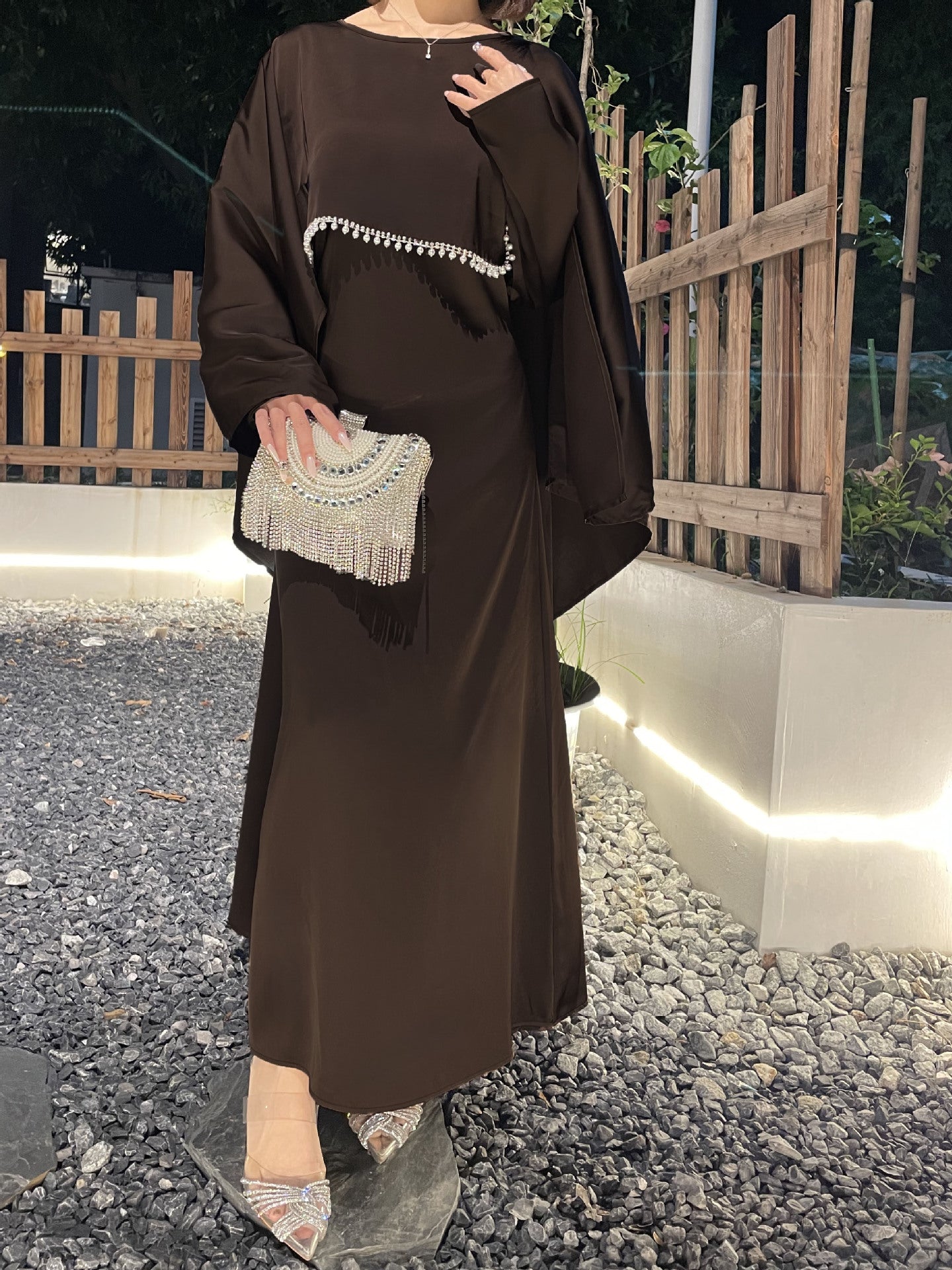 1020#2pcs Abaya Women Muslim Dress Set  Ramadan Islamic Clothing Kaftan with pearls