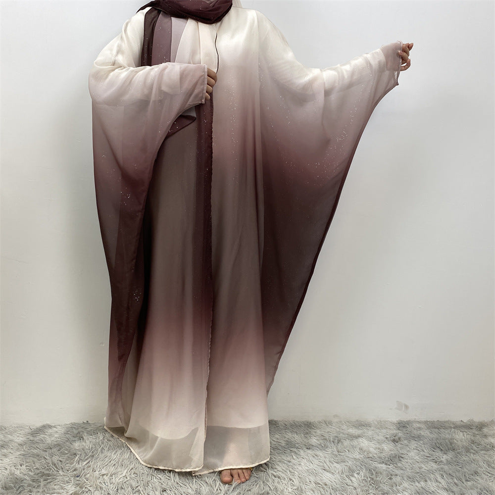 67501#2024 Kimono Abaya Dubai Gradient Color Islamic Clothing Women Muslim Dress with Hijab