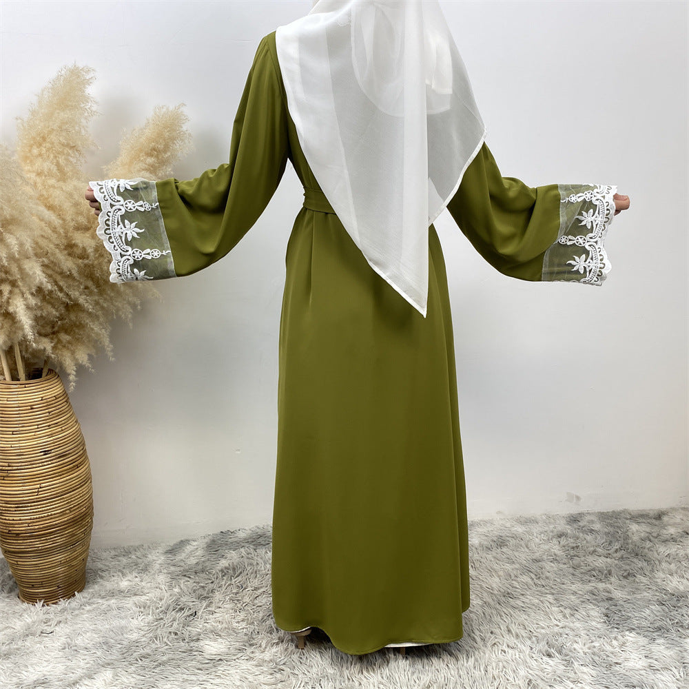 1405#Latest Eid Nida Material Flower Lace Border Classy Embroidery Women Open Abaya