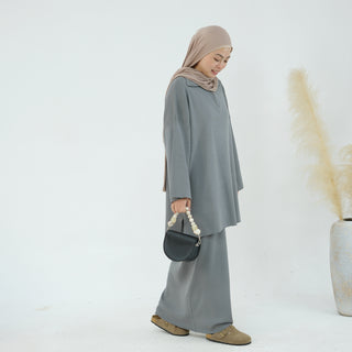 1929#Half Zipper Drop Shoulder Sweater Knit Muslim Women Two Pieces Set Oversized Tops Casual Fall Skirt Abaya Set