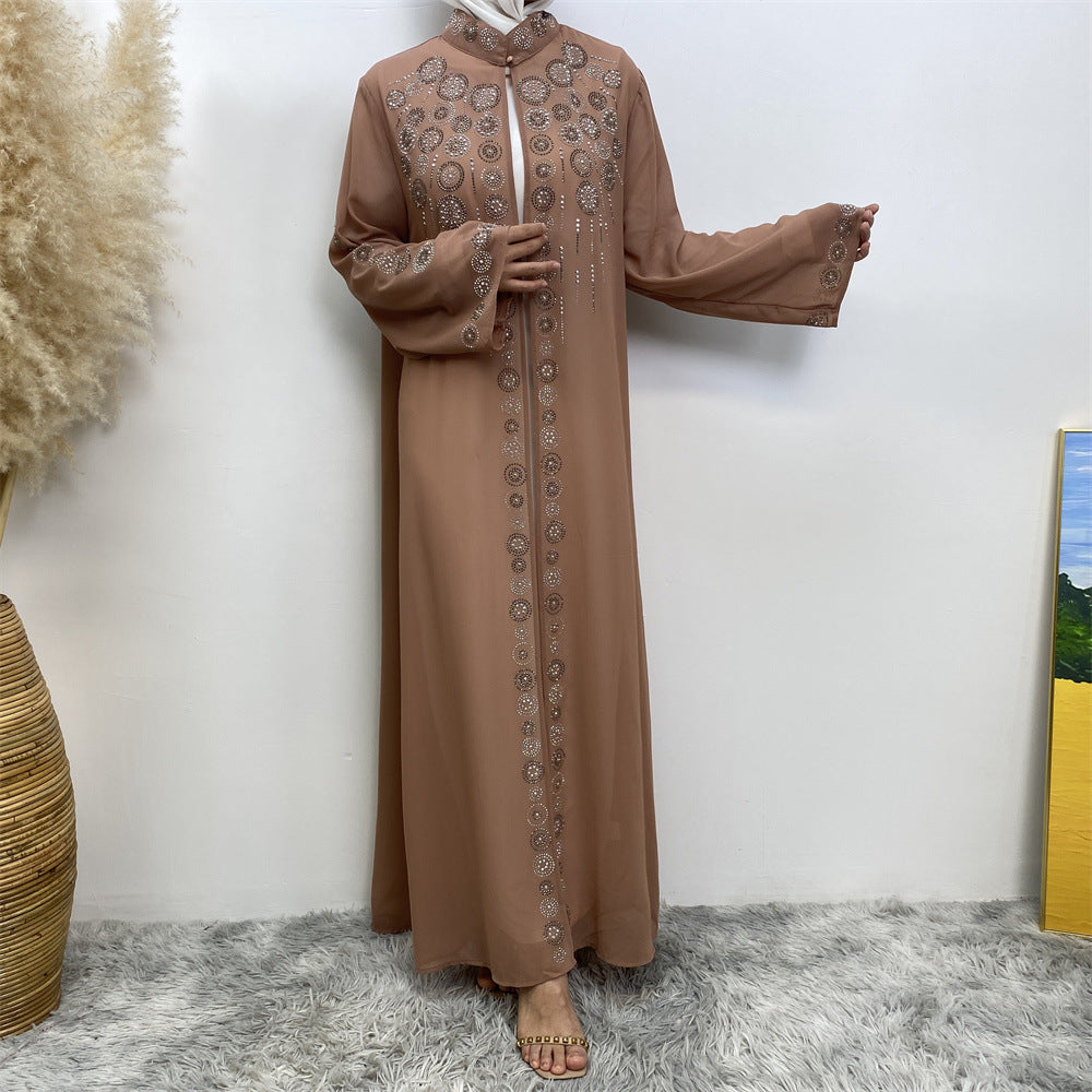 6740# Luxury chiffon africa diamond abaya long robe kaftan muslim women rhinestone open abaya