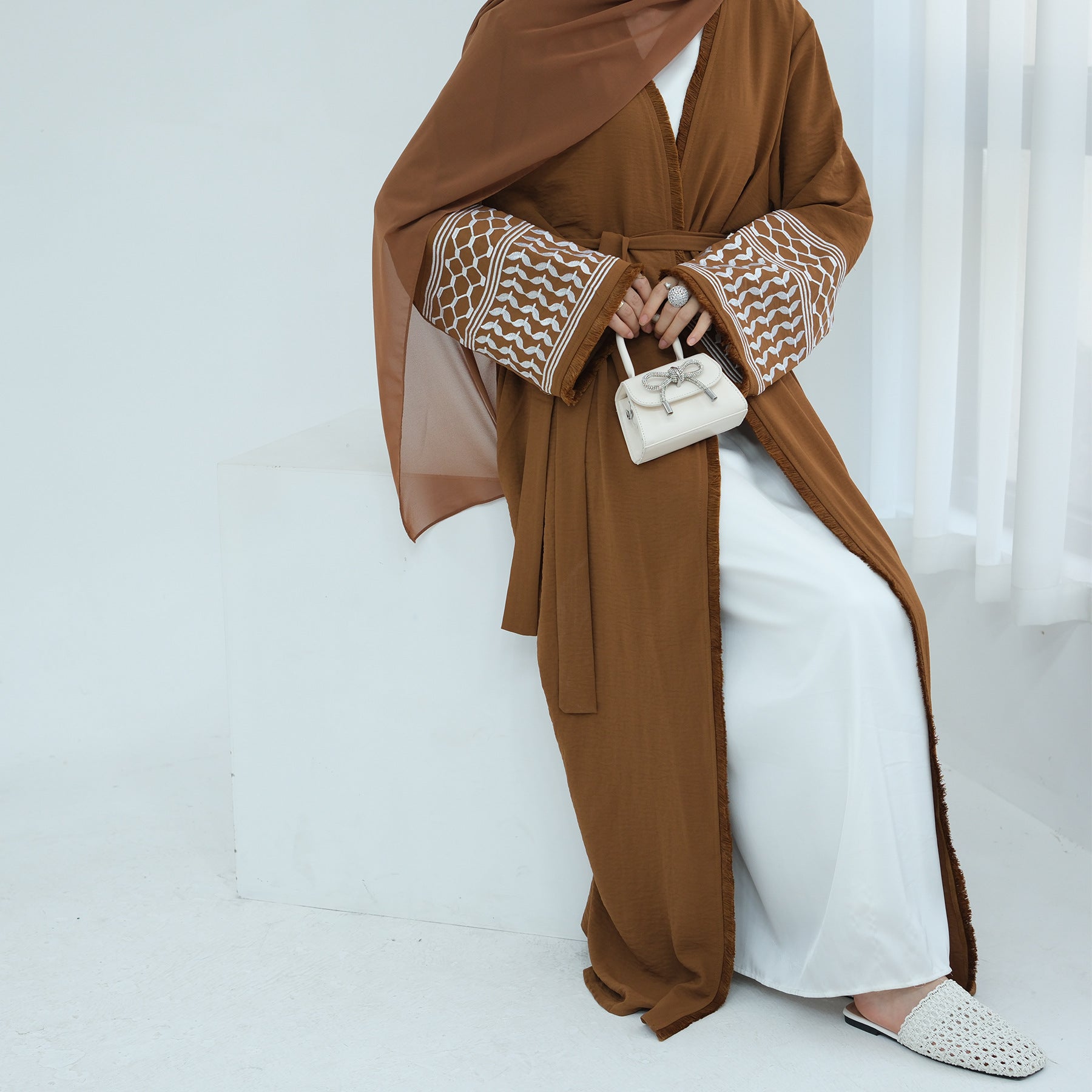 1763# New Soft Crepe Embroidery Kefiyyeh Ramadan Tassel Dubai Abaya Women Modest Islamic Clothing