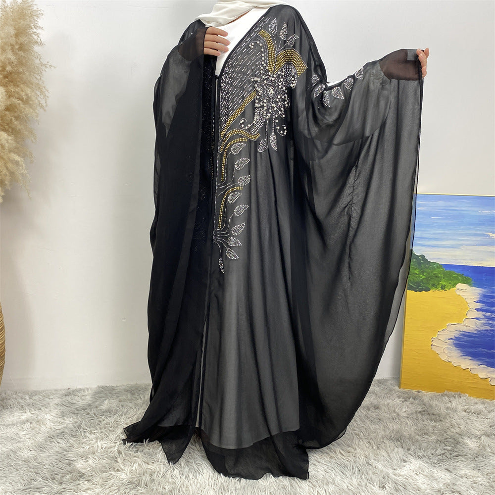 6743#Luxury New Rhinestone Chiffon Abaya Bead With Pearls Batwing Sleeves Classy Cardigan