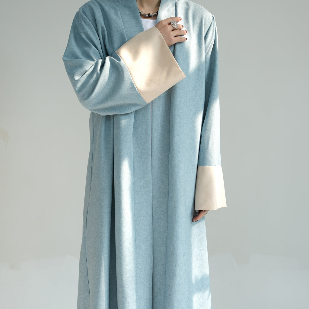 1744#2024 Latest Islamic Clothing Color-blocked Sleeves Linen Cardigan Open Abaya