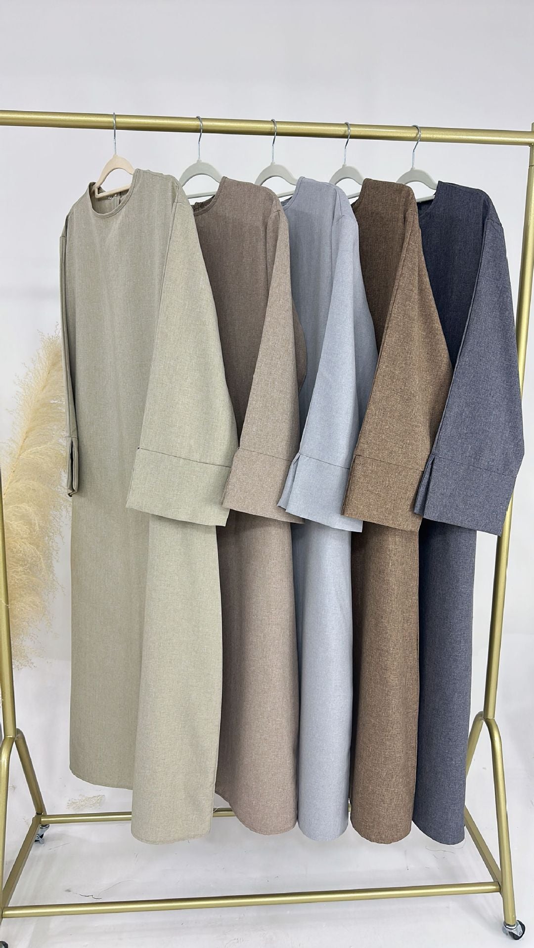 1715#Linen Abaya Slit Long Sleeves with Side Pockets and Back Zipper Women Casual Dress 的副本
