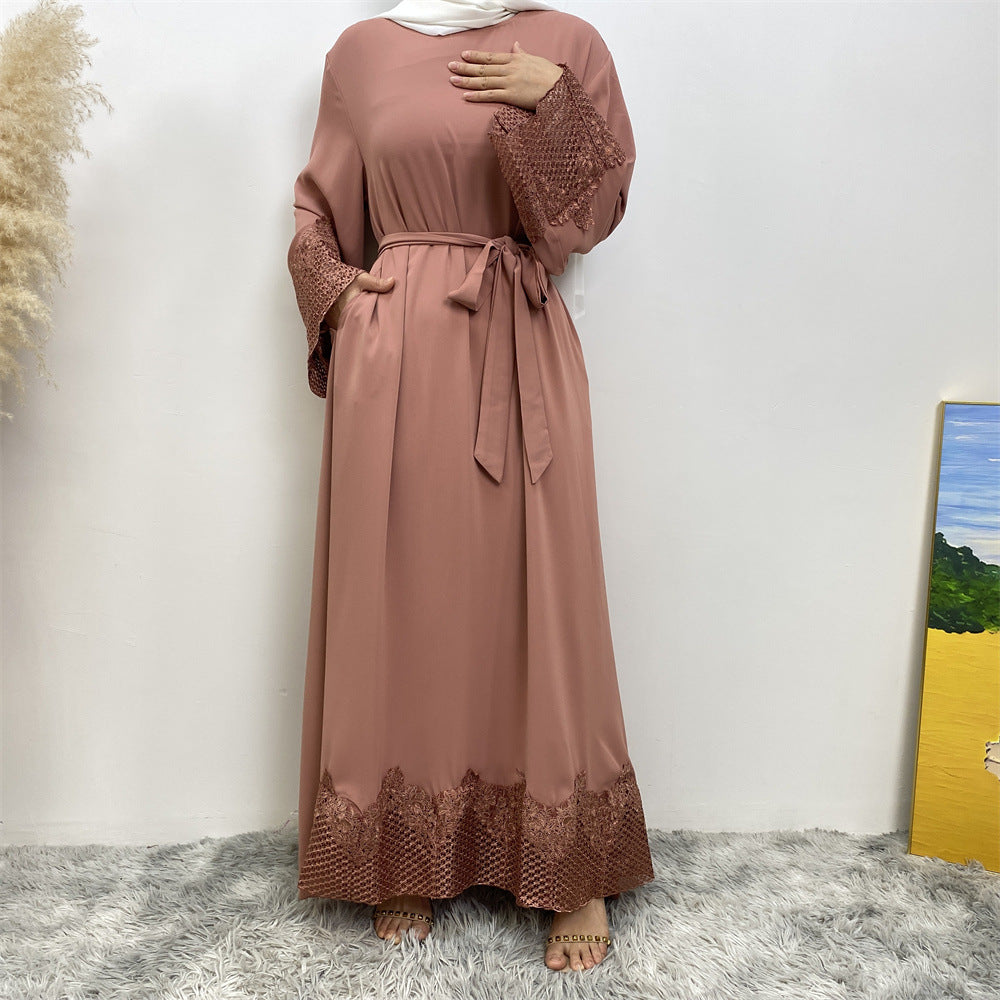 6708#New Nida Flower Applique With Mesh With Side Pockets Classy Women Dress Close Abaya