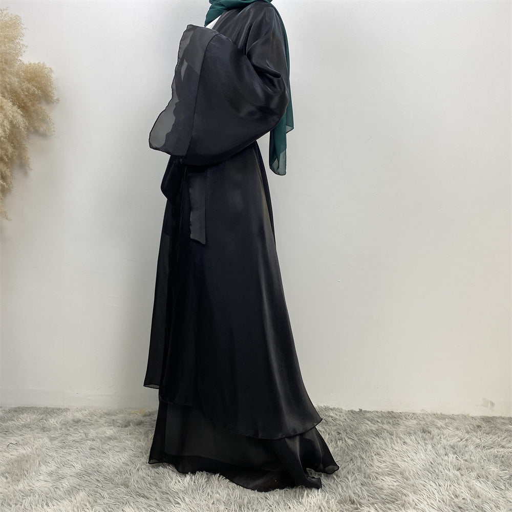 1432#Flowy Shiny Silk Material New Design Two Layers Loose Sleeves Classy Fashion Popular Ladies Islamic Open Abaya