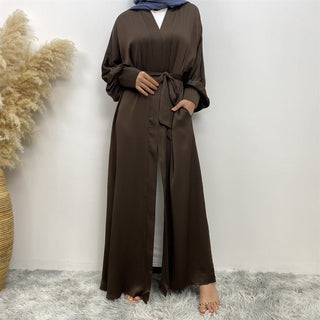 1975# New satin open abaya women dubai cardigan with side pockets