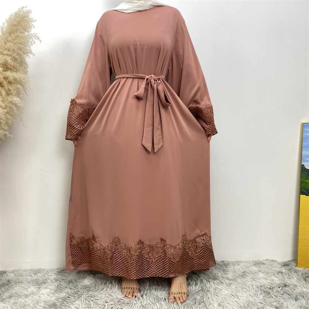 6708#New Nida Flower Applique With Mesh With Side Pockets Classy Women Dress Close Abaya