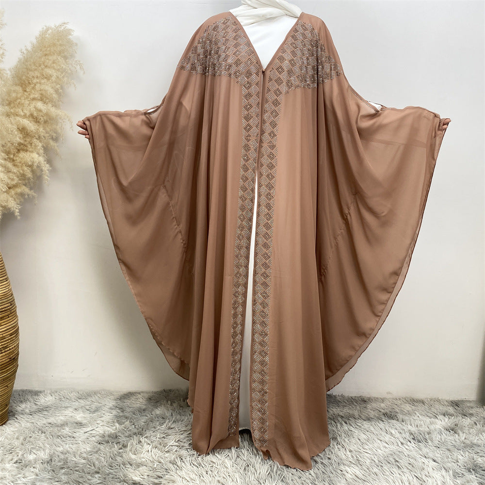 6739# Luxury Rhinestone Chiffon Abaya Hot Drilling Bead With Pearls Classy Cardigan